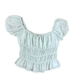 Forever 21 Mint Green Puff Sleeve Smocked Crop Top - Size Medium